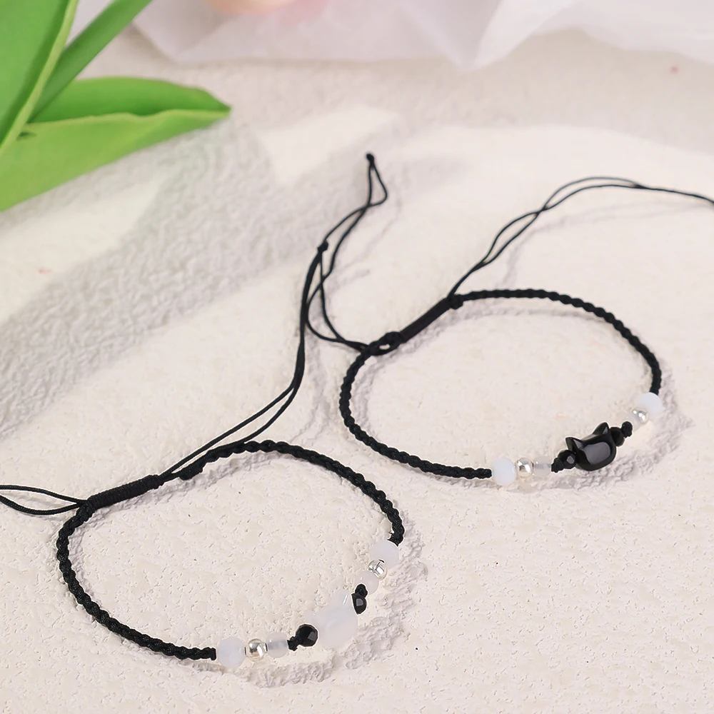 1/2pcs Handmade Black Rope Bracelet Couple Friends Natural Moonstone Cute Cat Obsidian Charms Adjustable Bracelets Party Jewelry