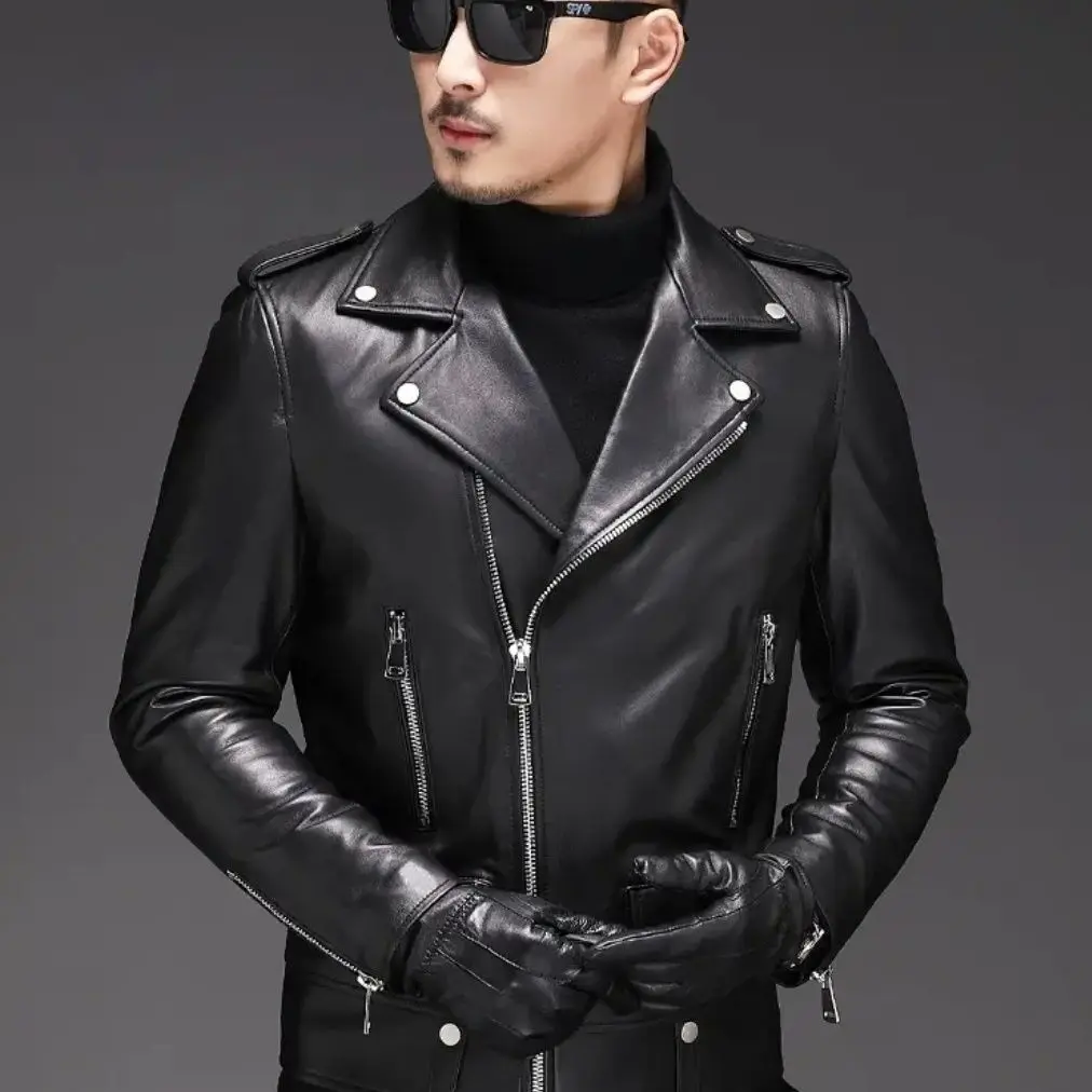 

New Men's Slim Fit PU Leather Jaet Regular Sle eepskin Biker Trendy Coat Sli Suit Outerwear Home Use Cotton 00%