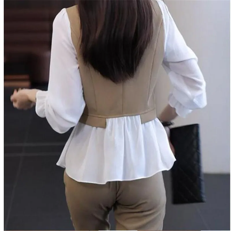 Korean Slim Patchwork Tracksuits Flare Full Sleeve Shirt Capris High Waist Suit Trousers Oversize 2 Pieces Sets Casual Outfits