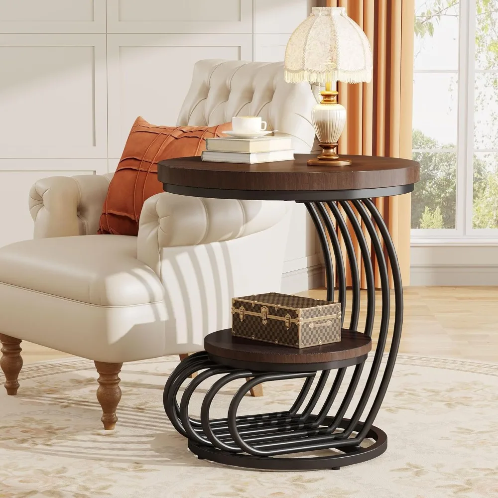 Round End Side Table: Side with 2 Tiers Storage Shelves, Vintage End Table for Living Room, Small Bedside Table Accent Table