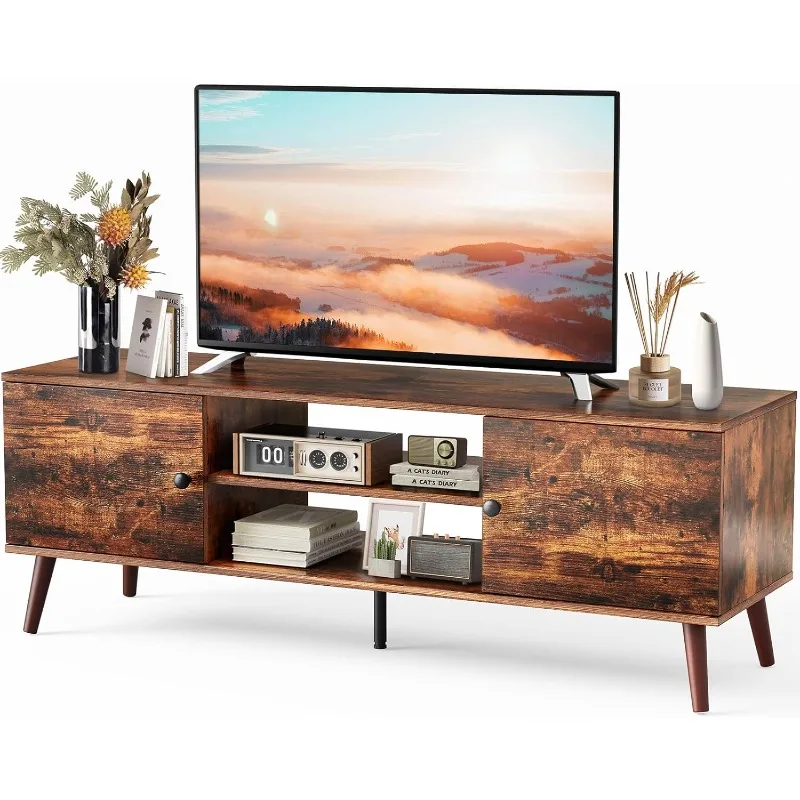 TV Stand for 55 60 inch TV, Modern Mid Century Entertainment Center with Storage, Media Console Table 2 Cabinet, Soft Hinge,