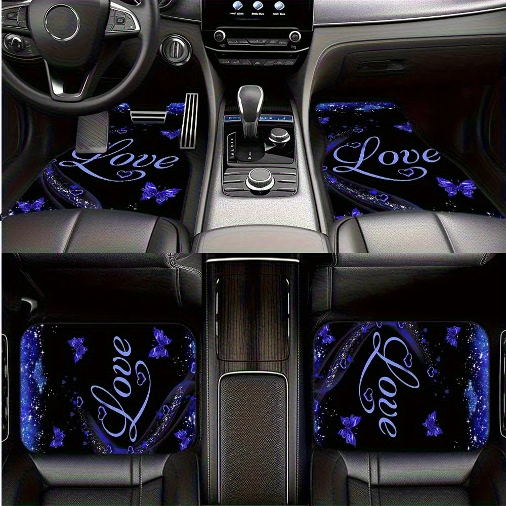 

4pcs Purple Love Butterfly Print Car Floor Mats Set- Comfortable Crystal Velvet Vehicles Floor Mats, Front& Rear Full Coverage A