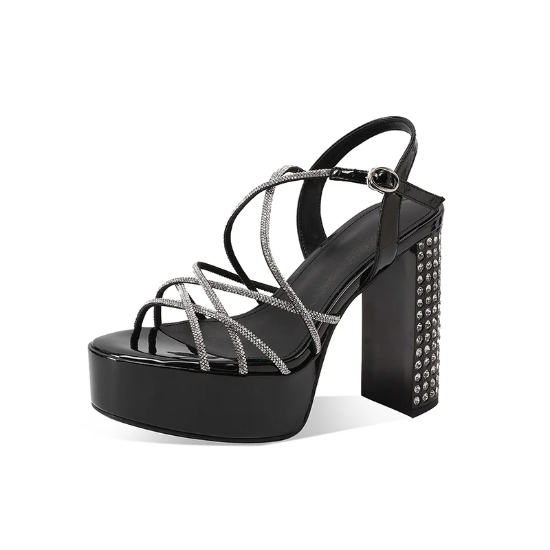 

Arden Furtado Summer cowhide Patent Leather Platform Crystal Banquet Shoes Square Toe Super high heel word-cingulate Sandals