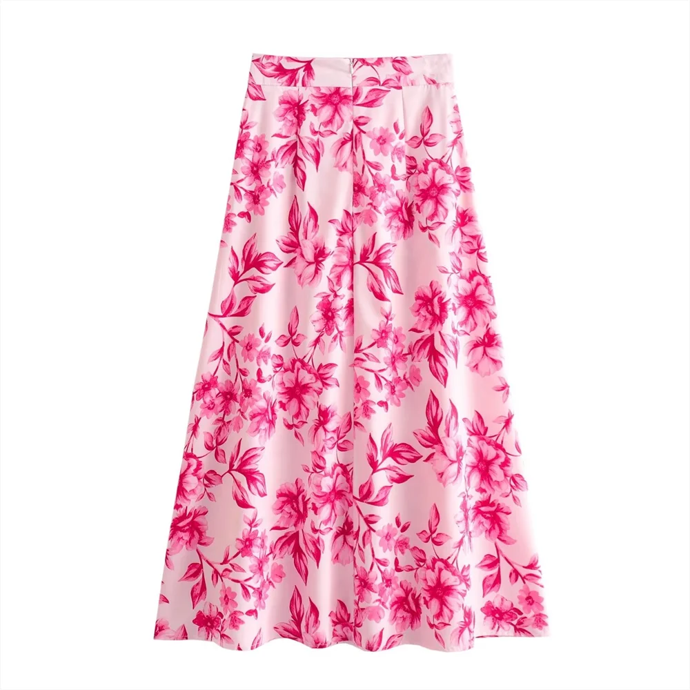 PB&ZA 2024 Spring New Women\'s Fashion Style Loose and Versatile Printed Shirt Casual Midi Skirt Set