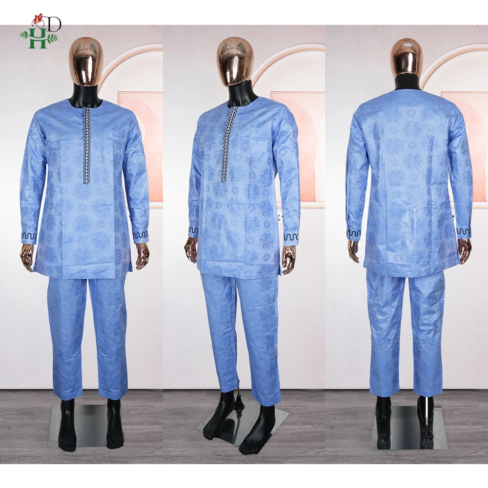 H & D الملابس الأفريقية للرجل مجموعات Agbada التقليدية 3 قطعة الأزرق رداء بانت بازان الثراء المطرزة حفل زفاف الدعاوى حجم كبير #5