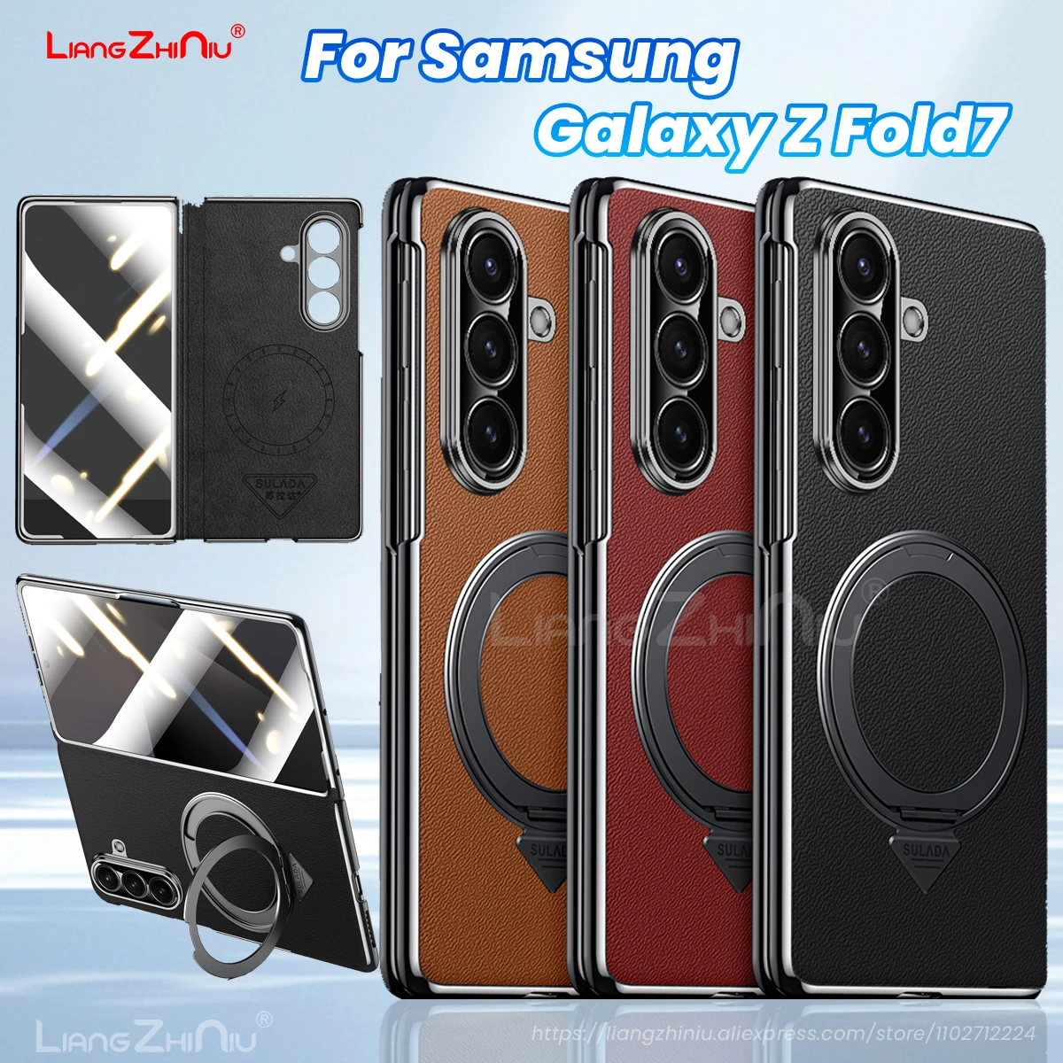 

For Samsung Galaxy Z Fold 7 Leather Phone Case Business Swivel Stand‌ With Hd All-In-One Tempered Glass Screen Protection Film