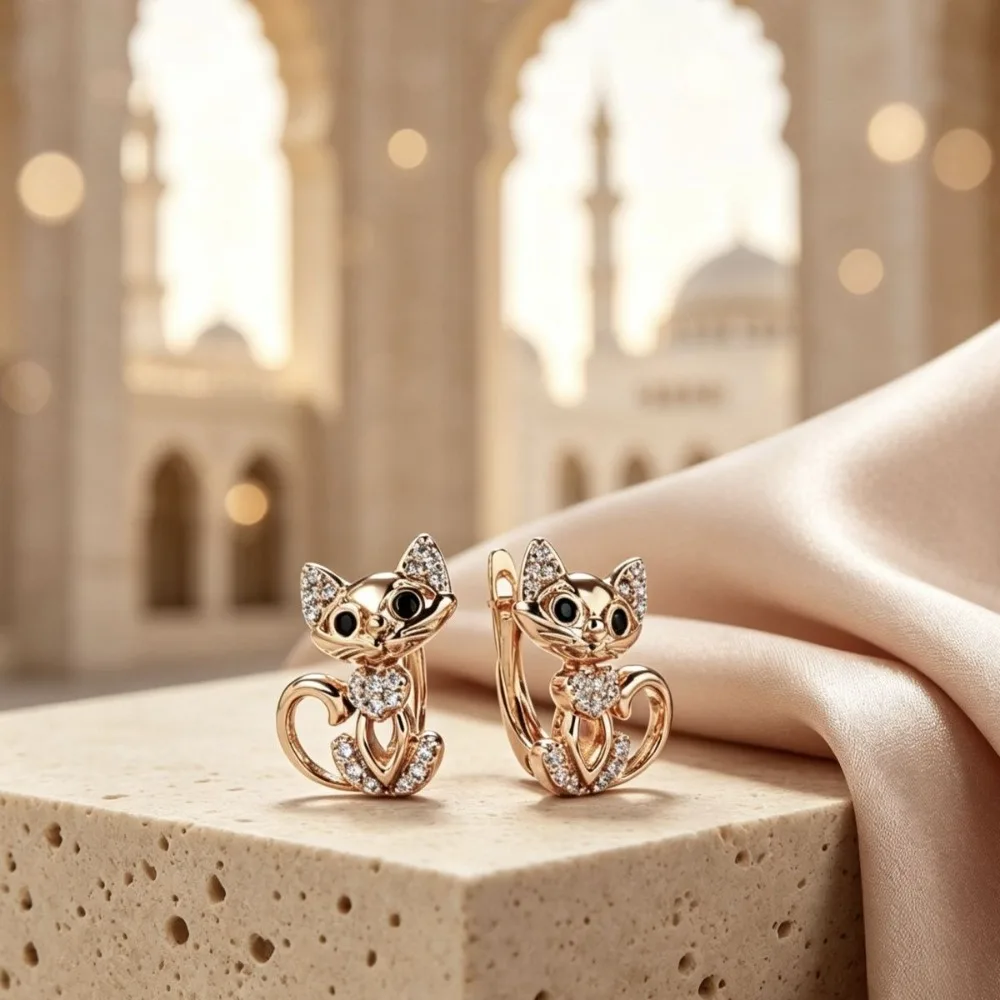 Russian 585 Purple Gold Temperament Cat Earrings Micro-inlaid Zircon Earrings Ear Buckle