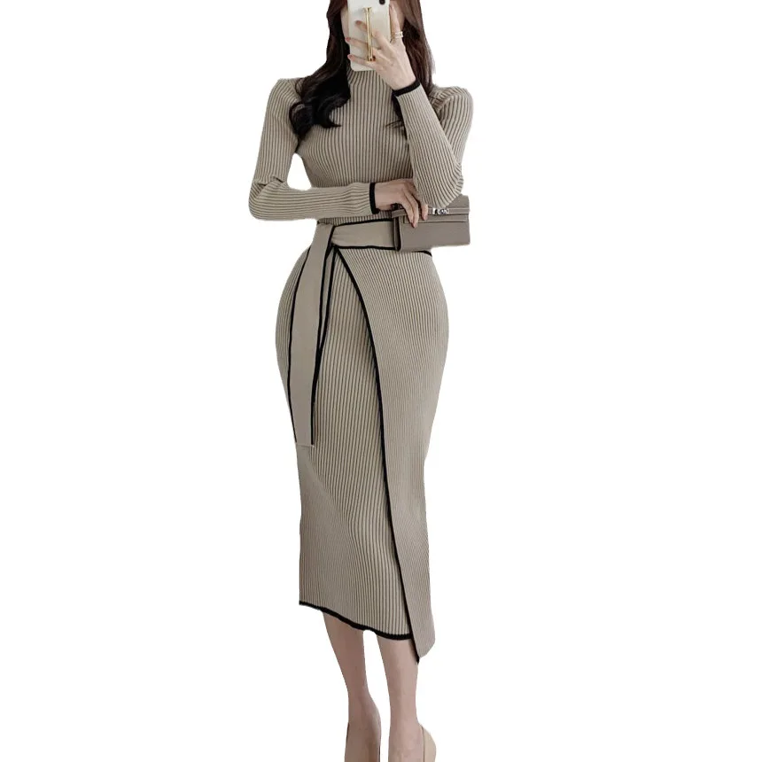 Vestidos femininos vestido mangas outono tweed penas plissado snap-botão faixas cabido com fita retalhos elegante academia diariamente