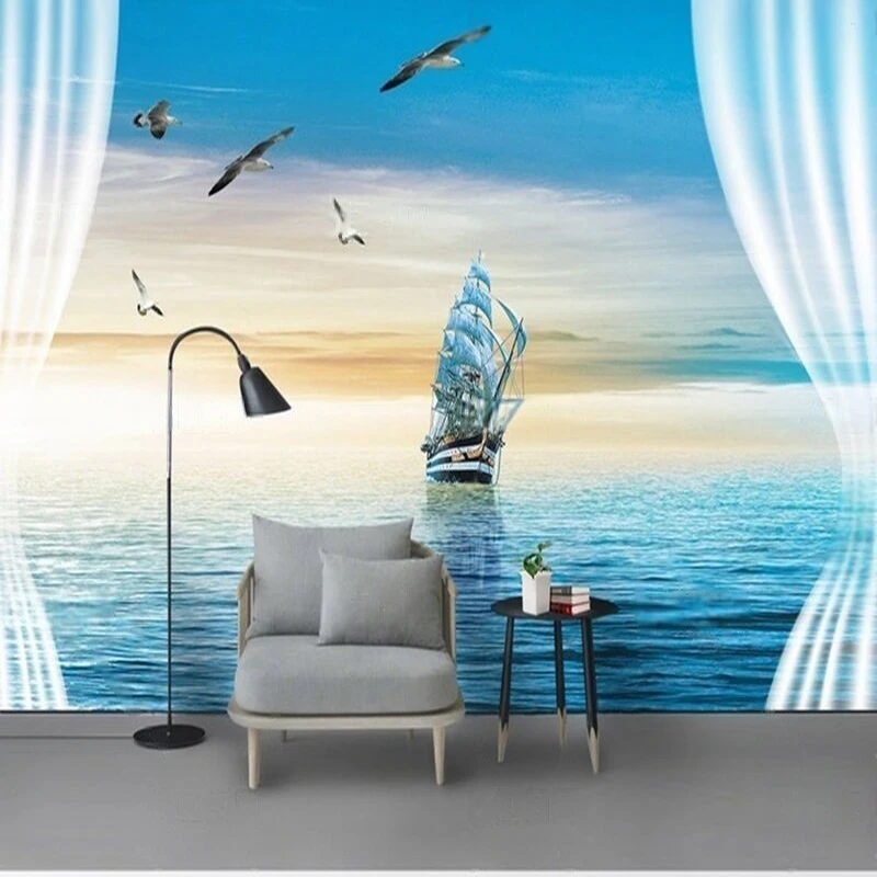 

Modern watercolor oil painting sea sailboat wild goose TV bedroom home decoration background wall