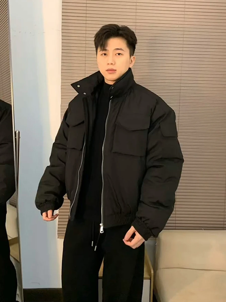 

Thiened Cotton Bomber Jaet Men's Winter Warm Sle Hard Man Outfit Coat Long Sve Zipper Closure Stand Collar Casual Wear