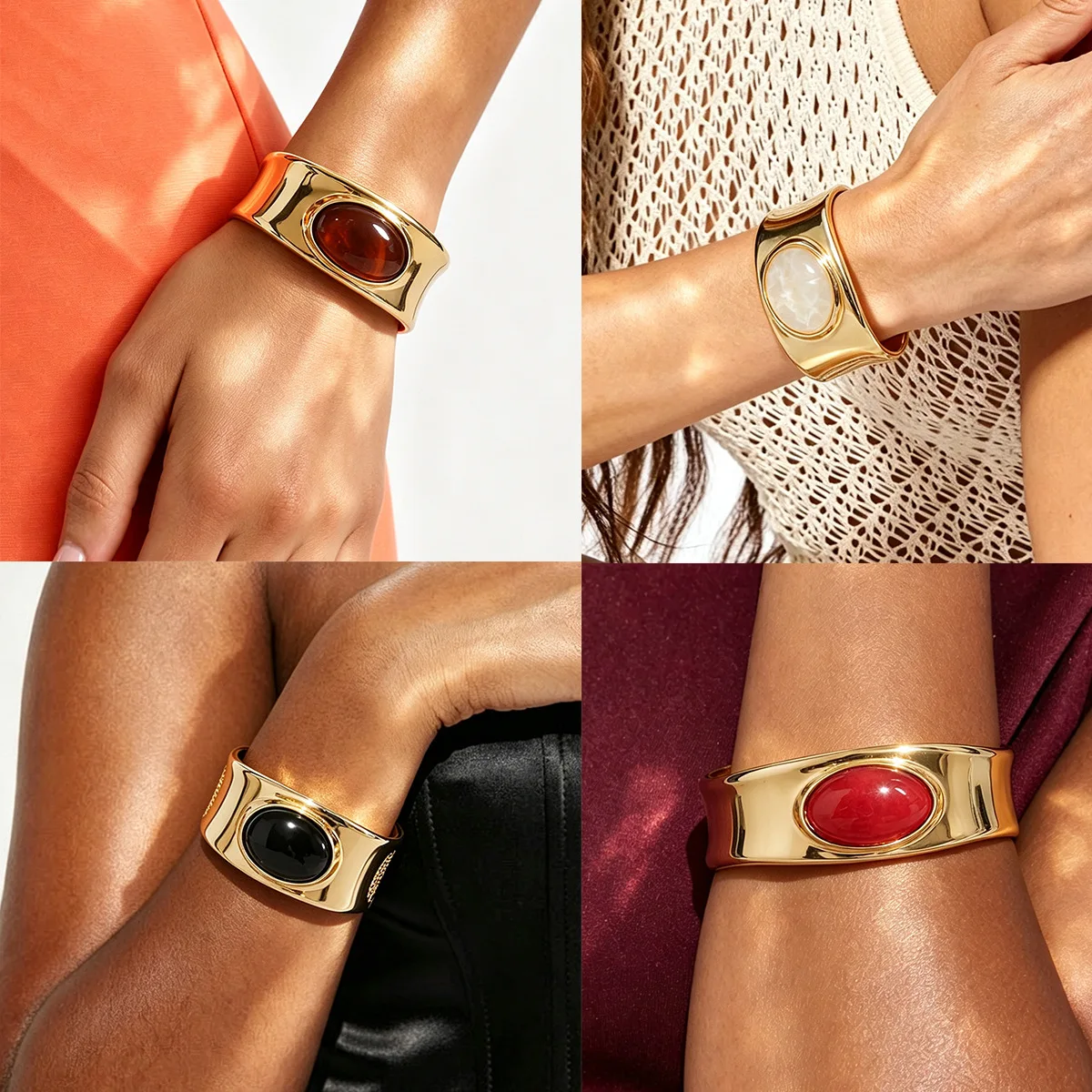 Chunky Wide Cuff Bangle Set Oval Gemstone Inlaid Curved Statement Bracelet Vintage High Fashion Wrist Armor Jewelry Gift