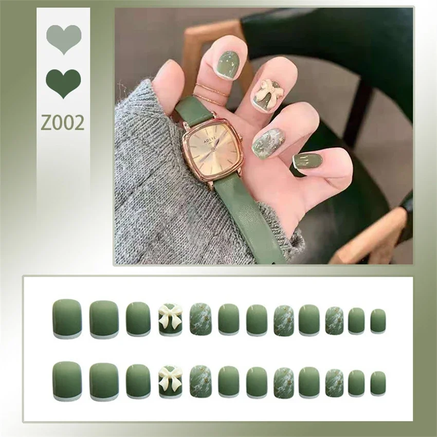 

24Ps/Se Netflix Butterfly Green Forest Design Press on Nail Artificial Short Stick Fake Nail Full Cover Wearing False Nails Tips