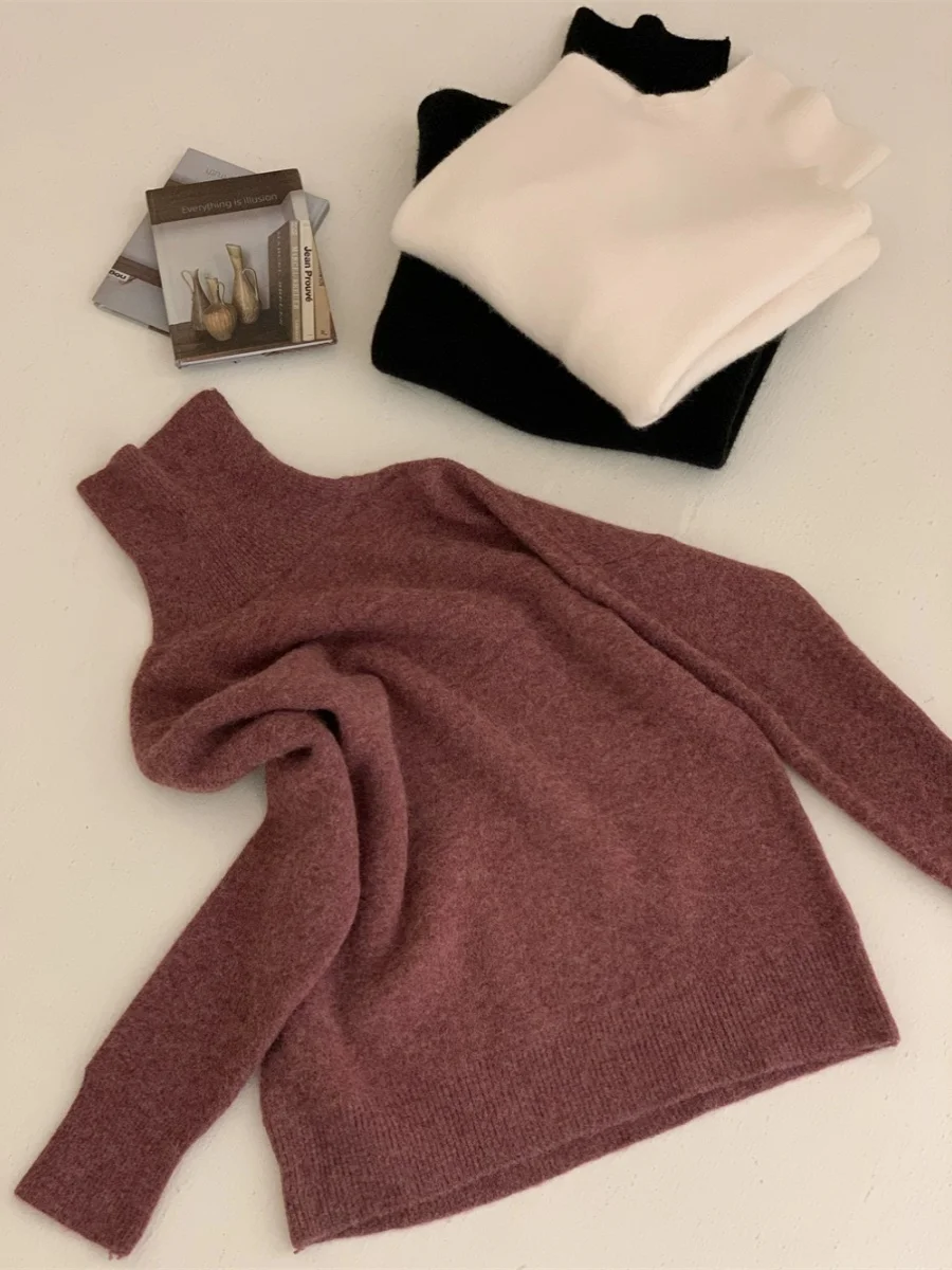 

Loose Fit High Collar Long Sve Alpaca Wool Blend Sweater Comfortable Warm Commute Sle Women's Knitwear round Ne Sweater