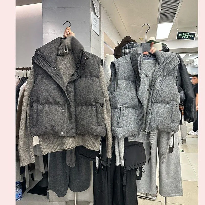 LadiesNew 짧은 스탠드 업 칼라 다운 코튼 조끼 자켓 캐주얼웨어 조끼 디자인 센스 여성 코튼 조끼 싱글 브레스트 자켓