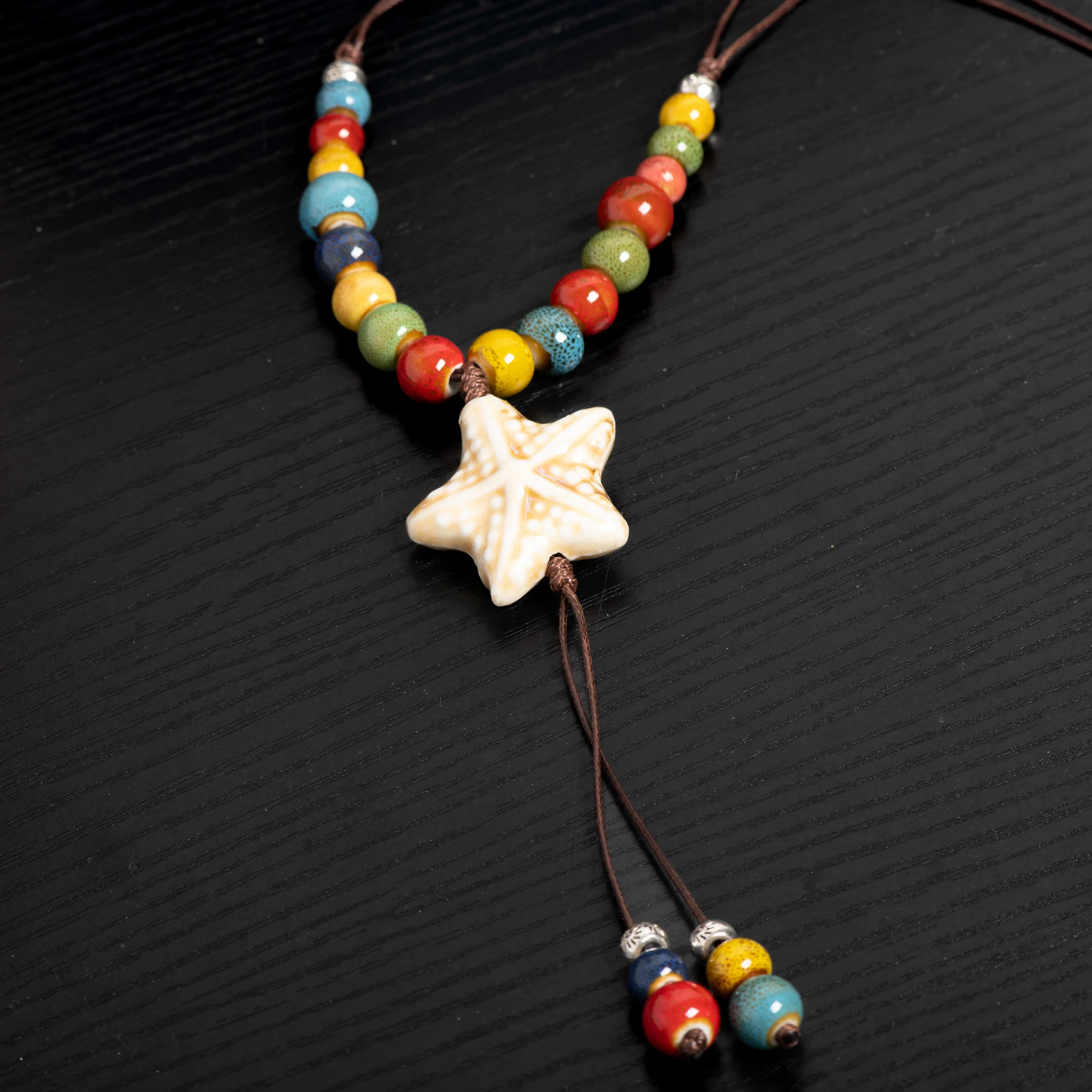 White Star Ceramic Pendant Necklace Handmade Boho Jewelry Colorful Long Adjustable Chain for Women Gifts 1112