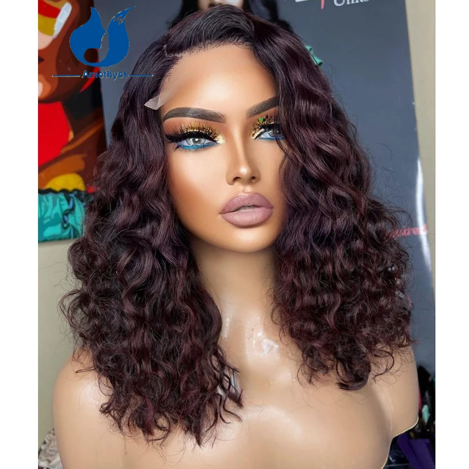 Amethyst Burgundy Curly Ombre Lace Closure Wig 5.5x4.5PU Silk Base Wig 100% Human Hair Brazilian Remy 99J Water Wave Short Bob