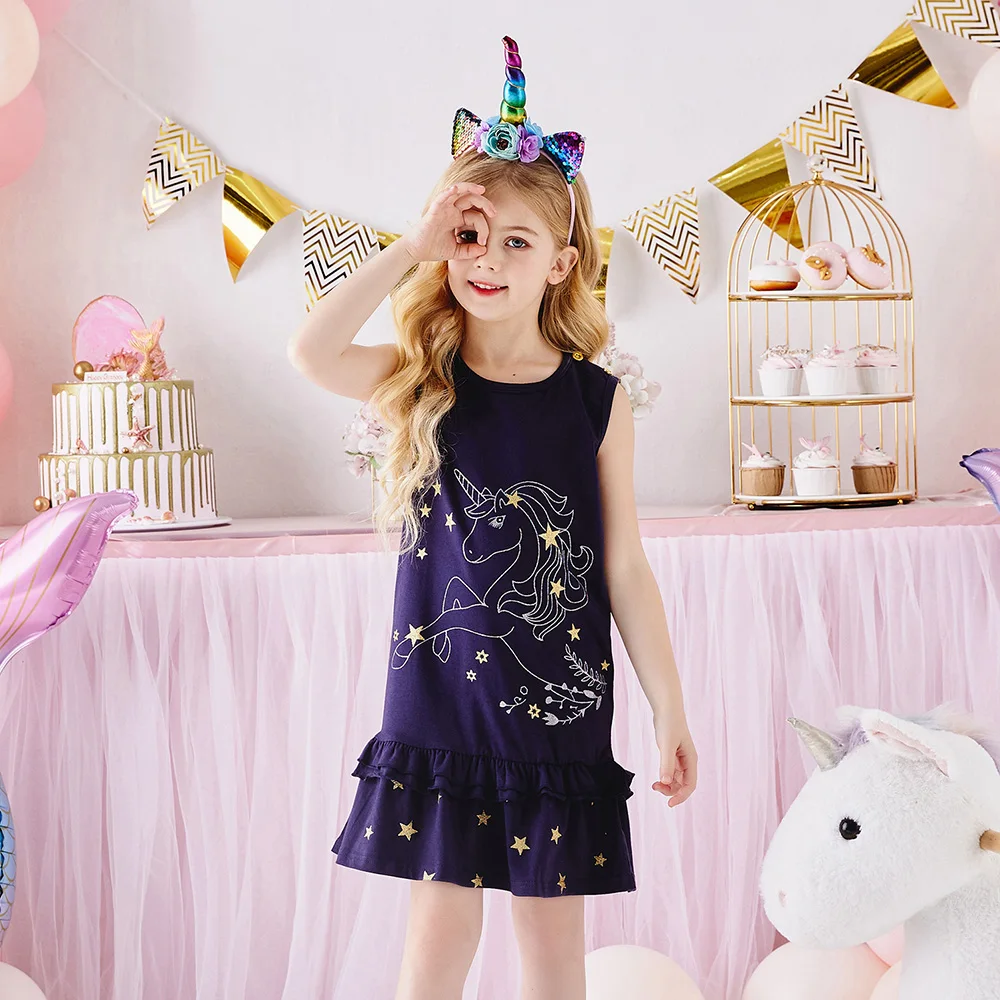 DXTON Summer Girls Sleeveless Dress Unicorn Star Print Cotton Kids Dress Girls Ruffle Frocks Children Casual Princess Clothes