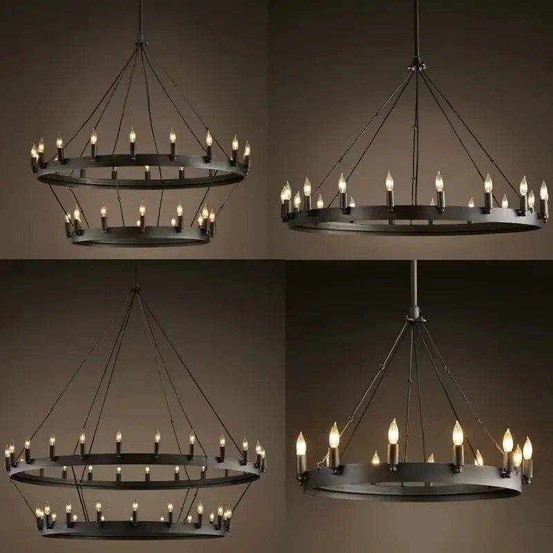 

American Retro Iron Double Pendant Lamp Vintage Industrial Led Droplight Round Cafe Restaurant Bar Knight Candle Chandelier