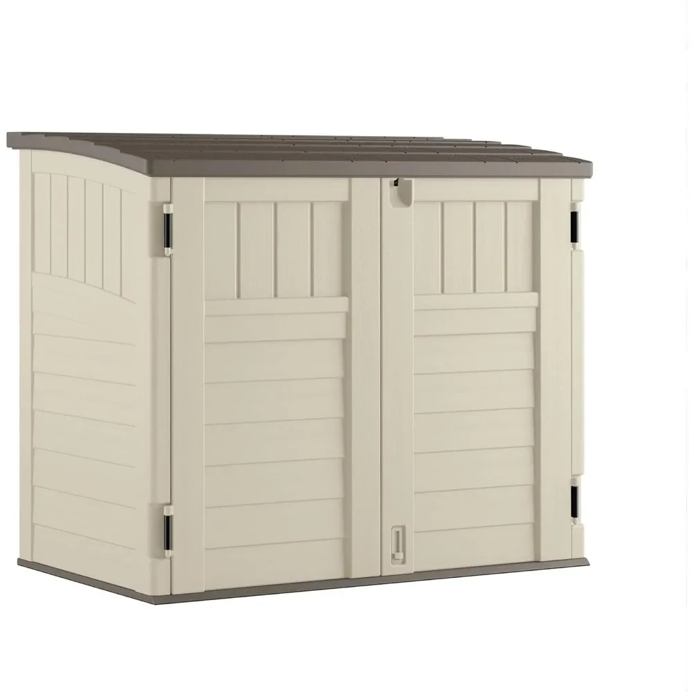 

"34 cubic foot horizontal outdoor storage shed for trash bins, garden tools, and patio storage in vanilla color"
