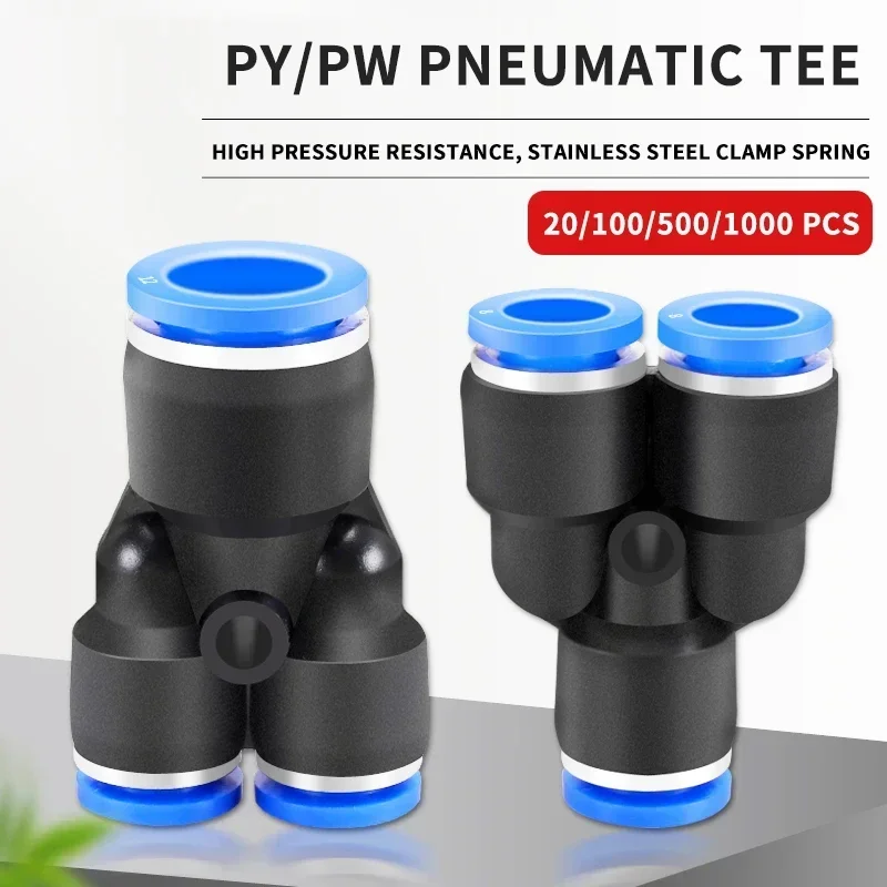 

20/100pcs PY PW Pneumatic Air Fitting 4 6 8 10 12mm Push-in Quick Connect Tee 3Way Blue Plastic Pipe Hose Tube Connectors