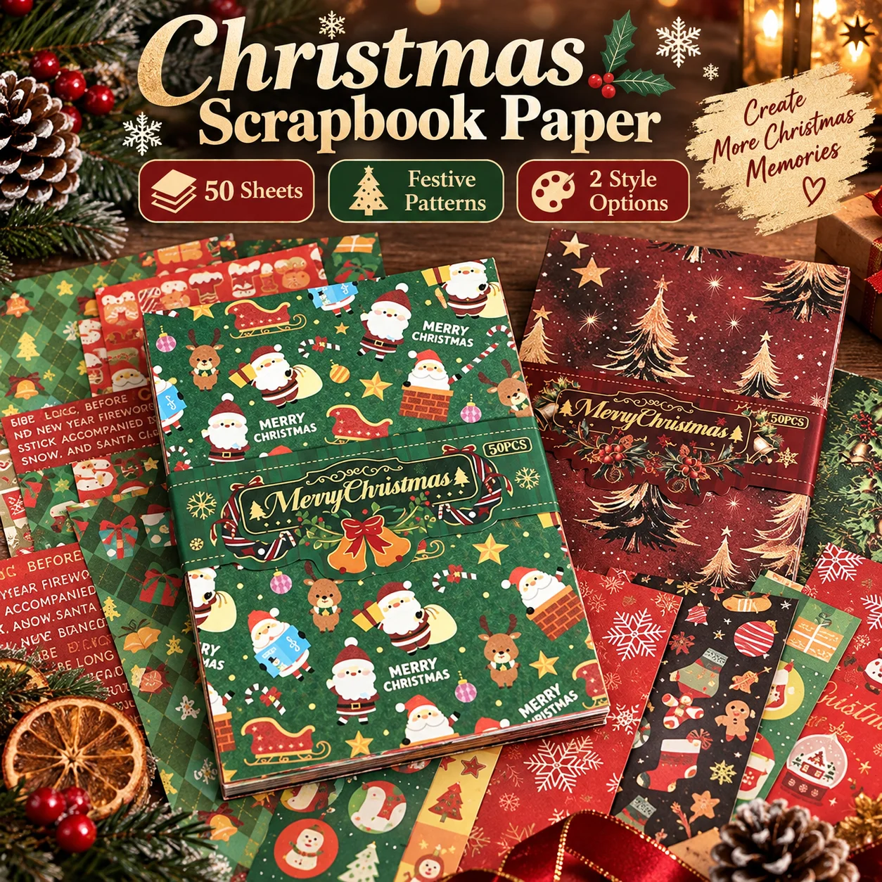 Christmas Scrapbook Paper 50 Sheets Vintage Holiday Pattern Paper for Journaling DIY Crafts Card Making Decoration