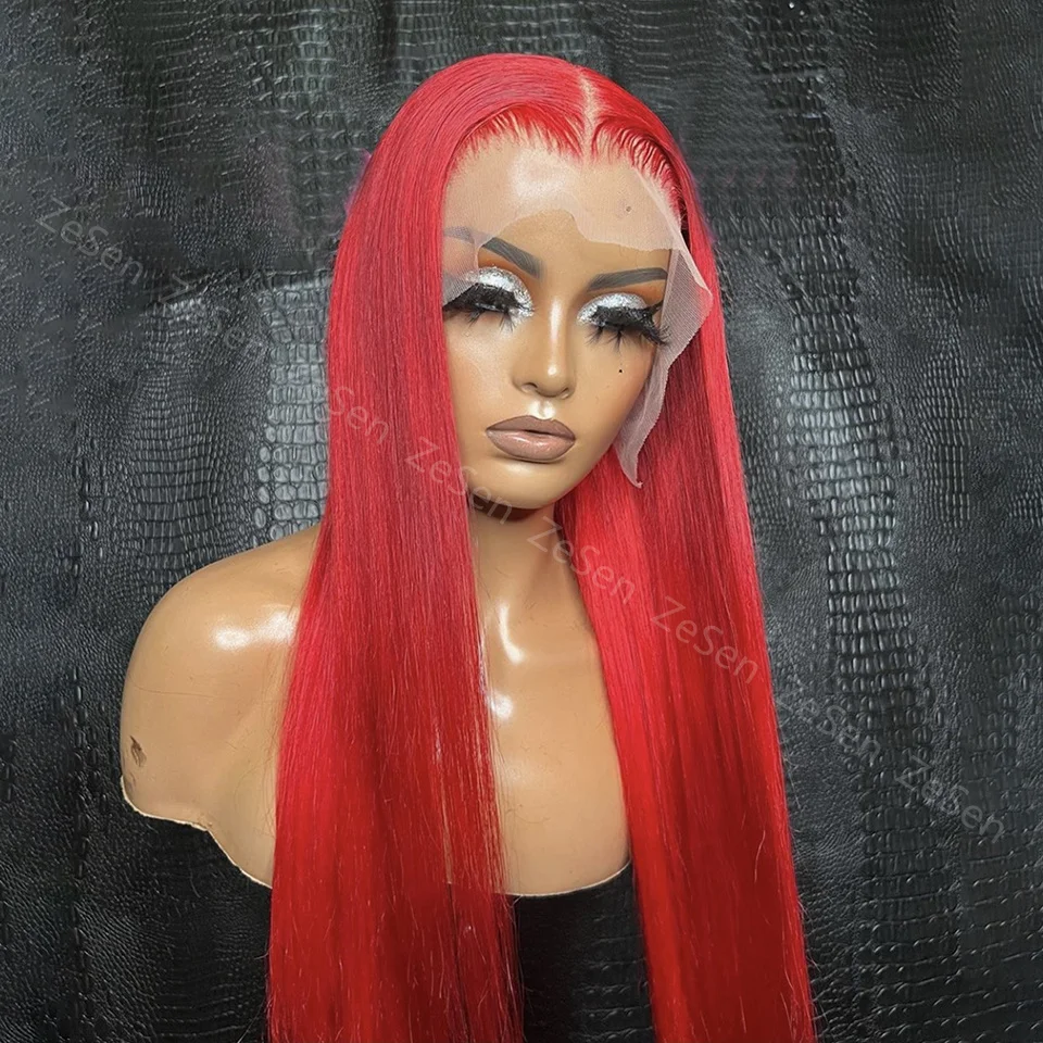 Peluca larga y recta sintética con malla Frontal para mujer, Color rojo, de alta temperatura Fibe, pelo Frontal sin pegamento, Cosplay, uso diario