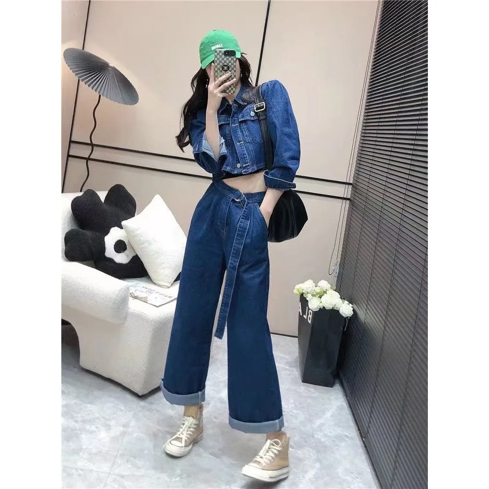 

Весна 2025 г. Женский модный комплект с высокой талией, прямые джинсы, топ и брюки, комплект из двух предметов, Spicy Girl Look ort Denim