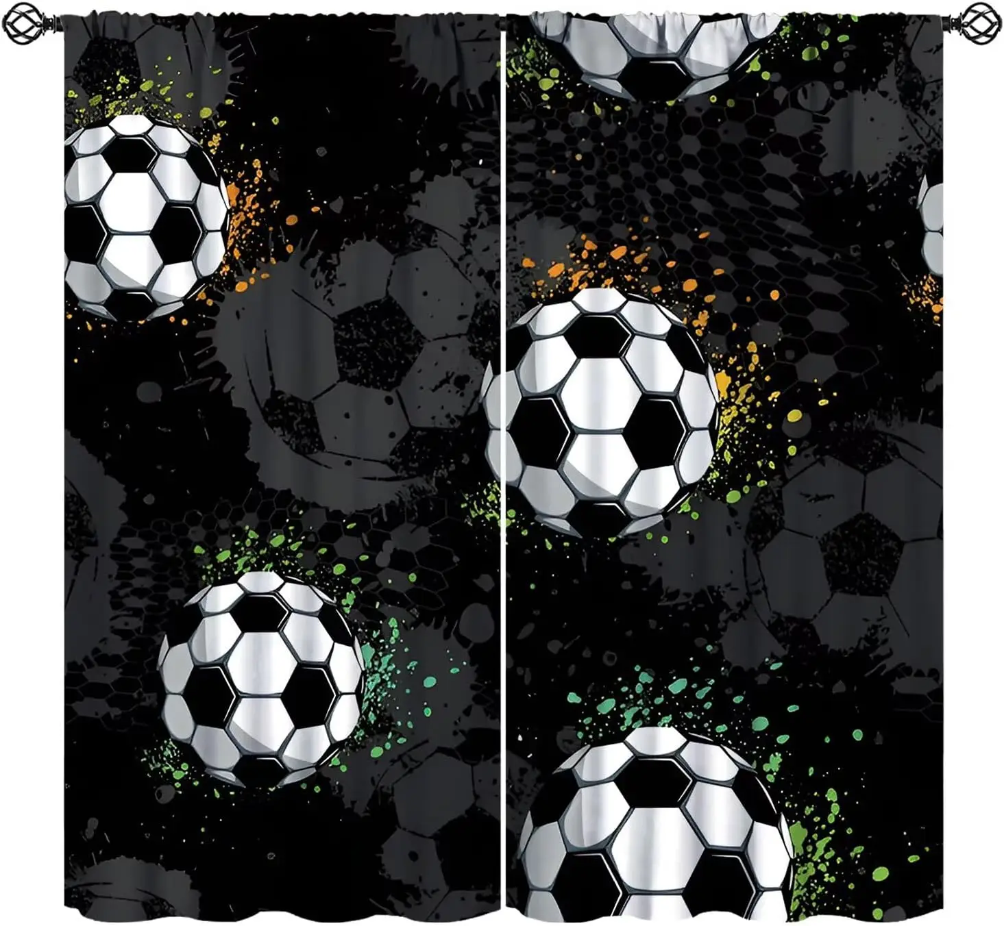 Rideau à thème football avec éclaboussures d'encre dynamiques, 2 panneaux, couleur de fond foncée, imprimé à pois, pour dortoir d'adolescents, rideau de fenêtre, décoration intérieure sportive masculine