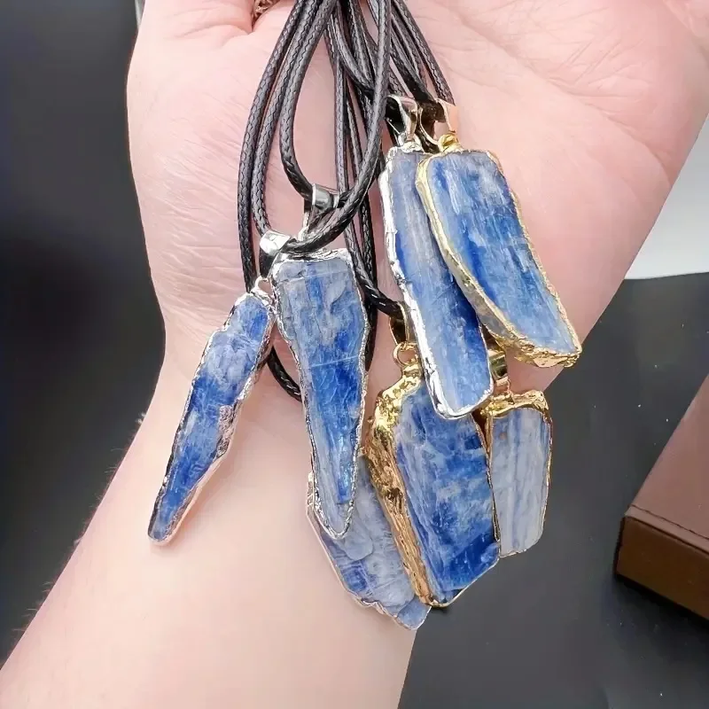 10pcs/lot Natural Stone Blue Kyanite  Slice Pendant Jewelry Gold Silver Colour Edge  Earring Necklace DIY