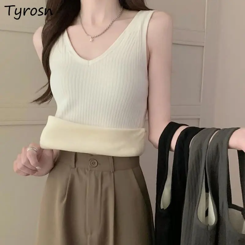 Tanks Women Thicken Autumn Warm Simple V-neck Daily All-match Causal Design Slim Korean Style Ladies New Basic Pure Fashion Cozy