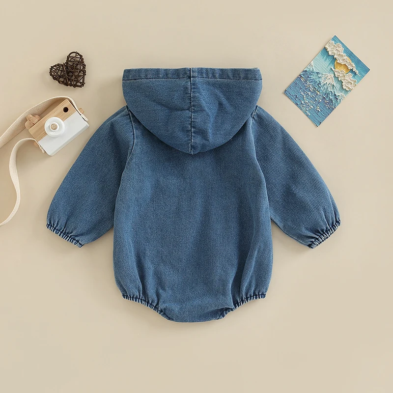 Newborn Baby Denim Bodysuit Infant Boys Girls Fall Hooded Romper Long Sleeve Button Front Solid Color Short Jumpsuit For 0-24M