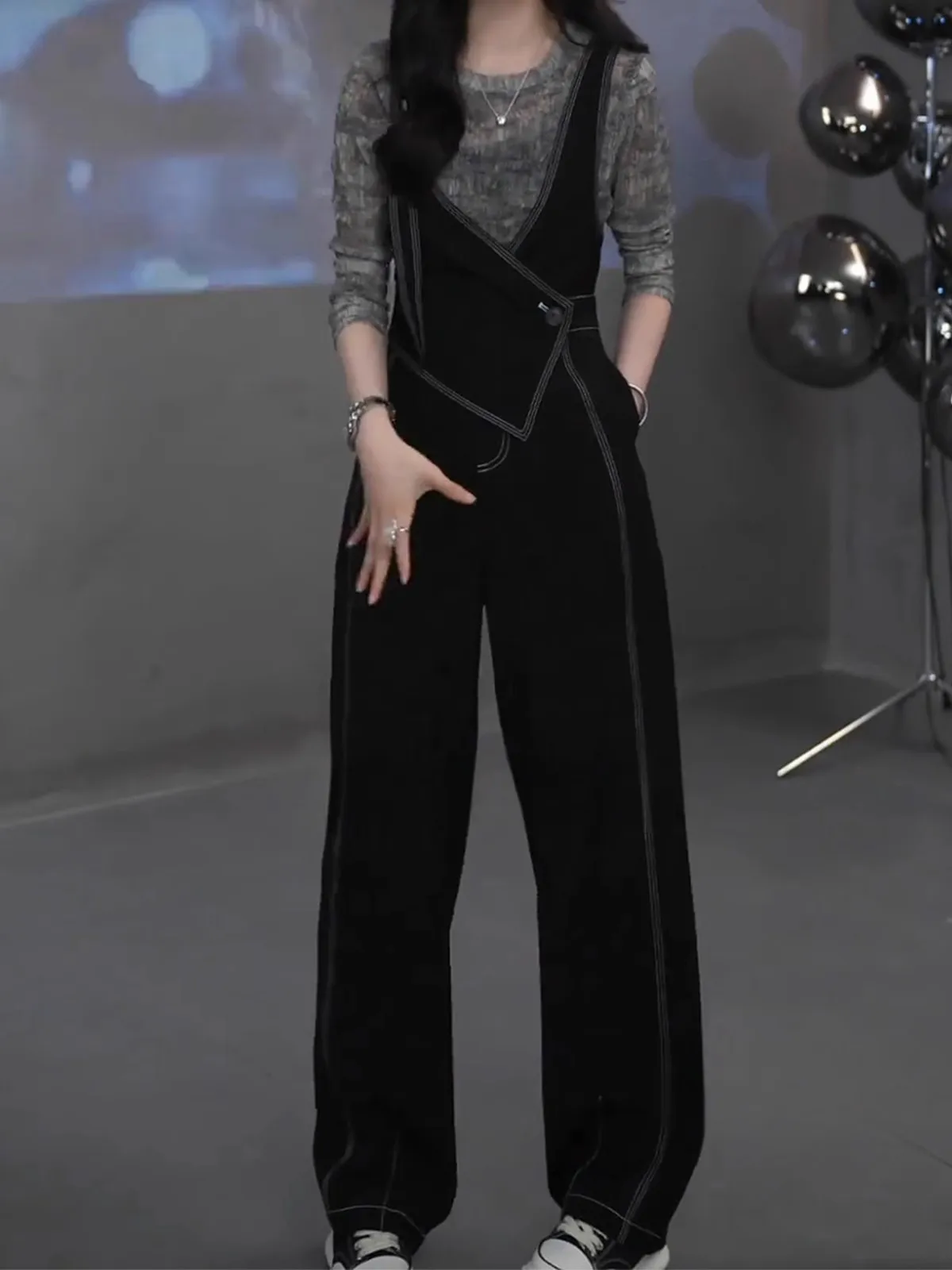 

Cool Retro High Waist Wide Leg Overalls Women's Spring New Design Sensation Slimming Waist Cinch Sli Denim Pants