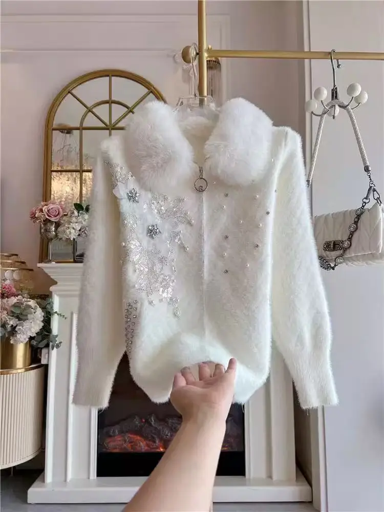 الفاخرة تصميم البلوزات الخريف الشتاء تريكو معطف فو الثعلب الفراء طوق سترة مشغولة من الصوف المرأة الاتجاه الجديد سترة بيضاء #4