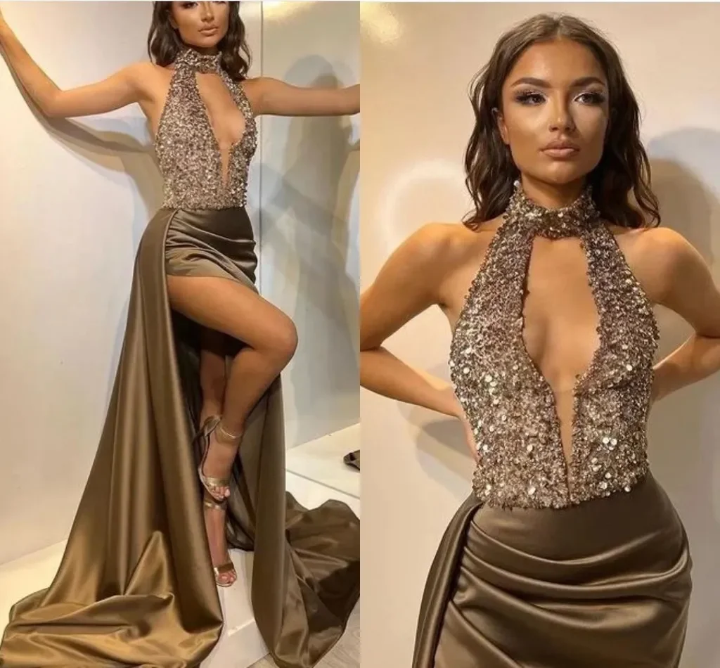 Sexy Split Evening Prom Dresses New Elegant Halter Sequins Top Keyhole Neck Long Pleats Satin Banquet Party Gowns Robe De Soiree