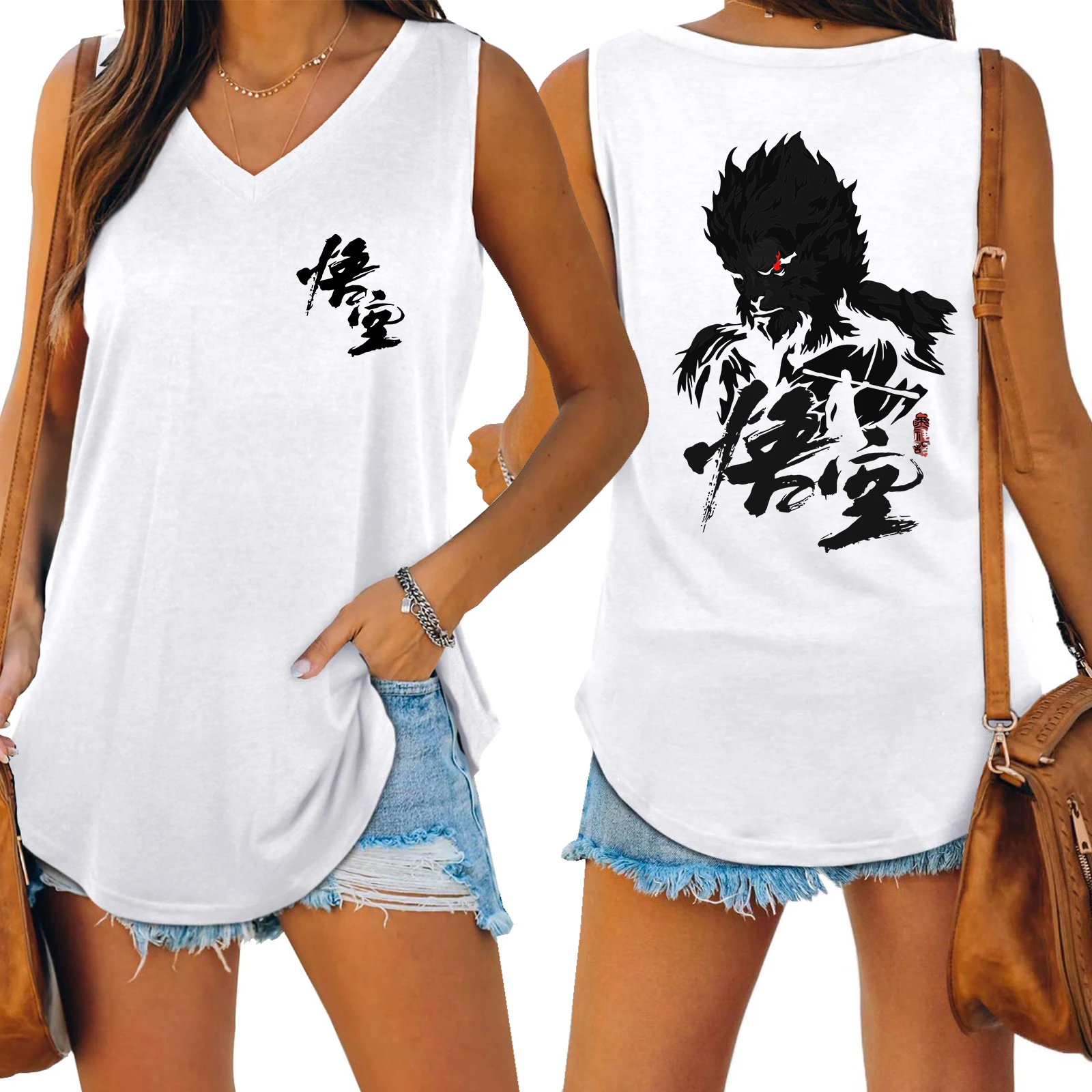 Black Myth Wukong Sun Wukong Tank V-neck Female Vest Loose Oversized Women No Sleeve Top