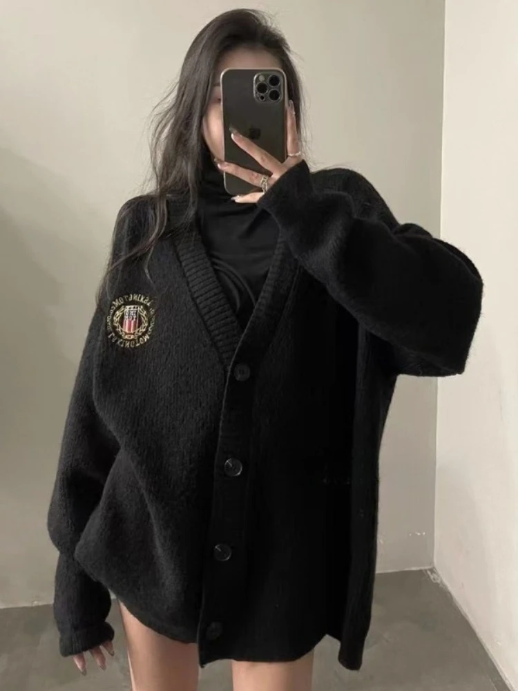 

Deeptown Vintage Preppy Style Women Black Knitted Cardigan Embroidery Casual Oversized Button Up Sweaters Korean Fashion Jumper