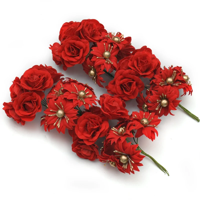 1 bunch/6pcs Mini Red Little Christmas Flower Bouquet Artificial Silk Flowers For Wedding Decoration DIY Scrapbooking Wreath