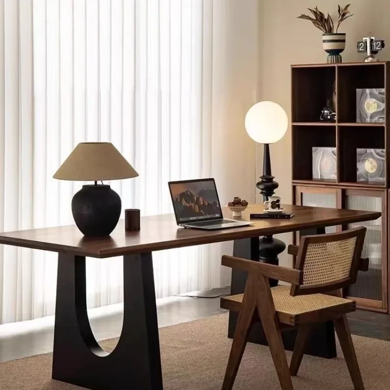 Solid wood dining table walnut color living room large long desk worktable large board meal desk integrated