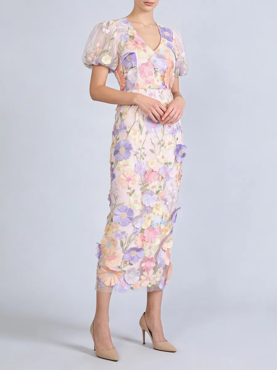 Vestidos Longos Elegantes com Bordado em Camadas para Mulheres, Decote em V, Mangas Curtas, Vestido em Patchwork com Flores 3D, Novo