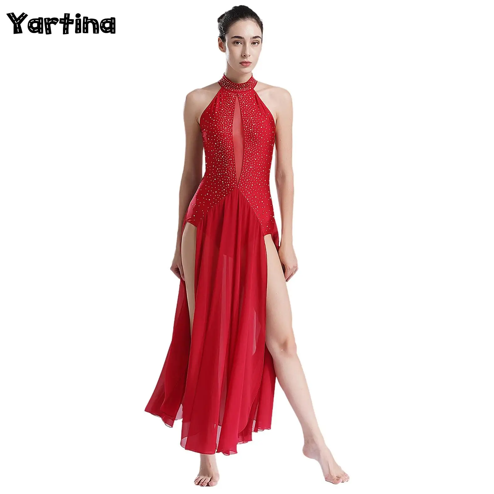 

Womens Adult Ballet Lyrical Contemporary Jazz Dance Costume Gymnastics Figure Skating Costume Shiny Rhinestones Split Dresses