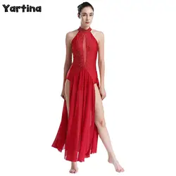 Womens Adult Ballet Lyrical Contemporary Jazz Dance Costume Gymnastics Figure Skating Costume Shiny Rhinestones Split Dresses
