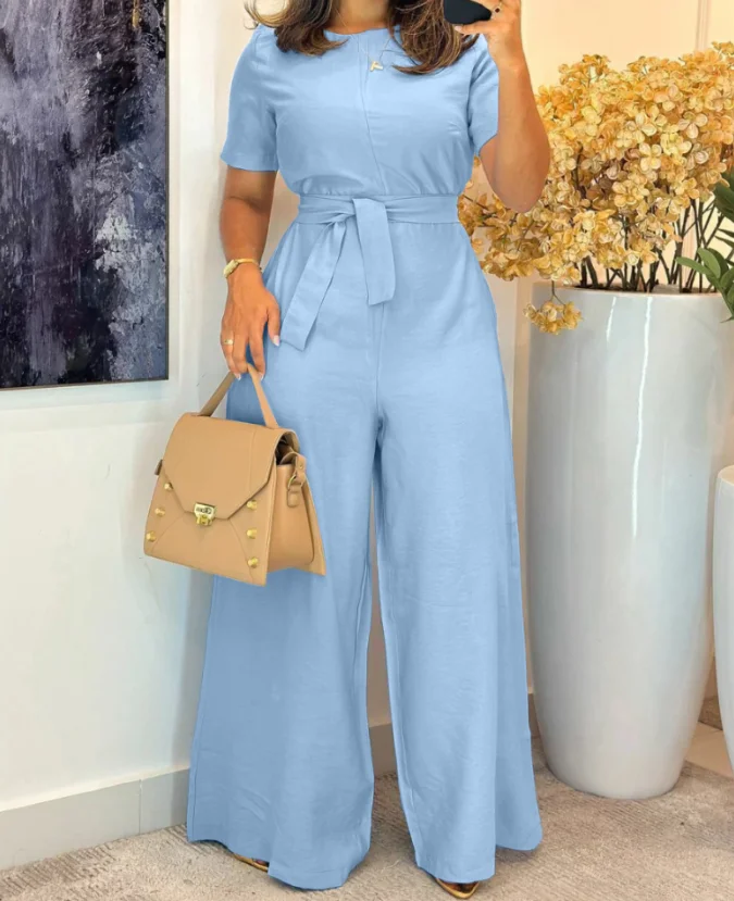 女性のジャンプスーツ夏の新ファッションカジュアルラウンドネック半袖ネクタイディテールワイドレッグカジュアルジャンプスーツ女性の摩耗