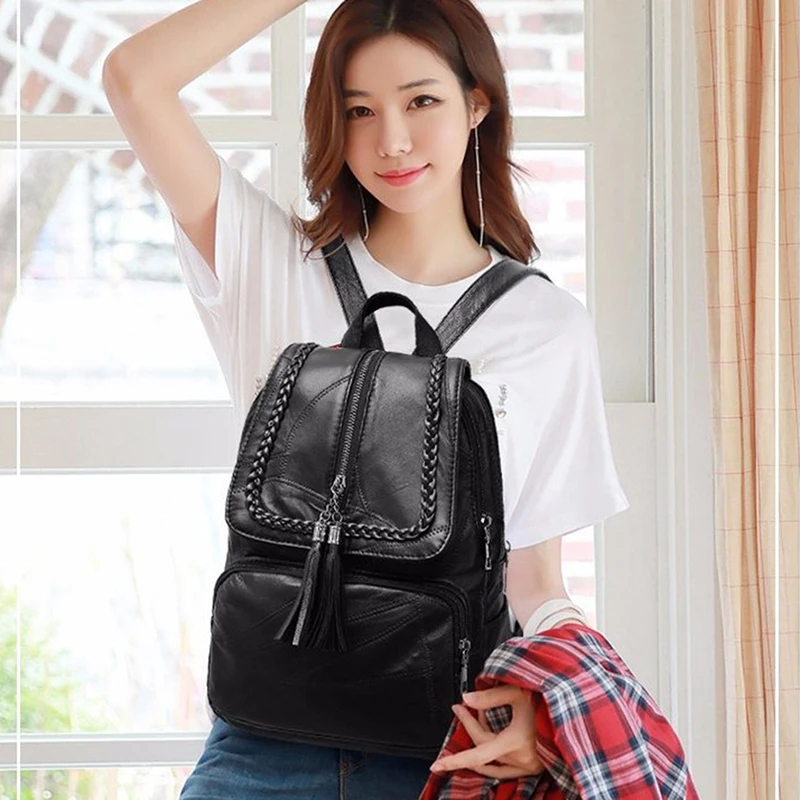 2024 Women\'s PU Leather Backpack School Bag Classic Black Waterproof Travel multi-function Shoulder Bag Rucksack