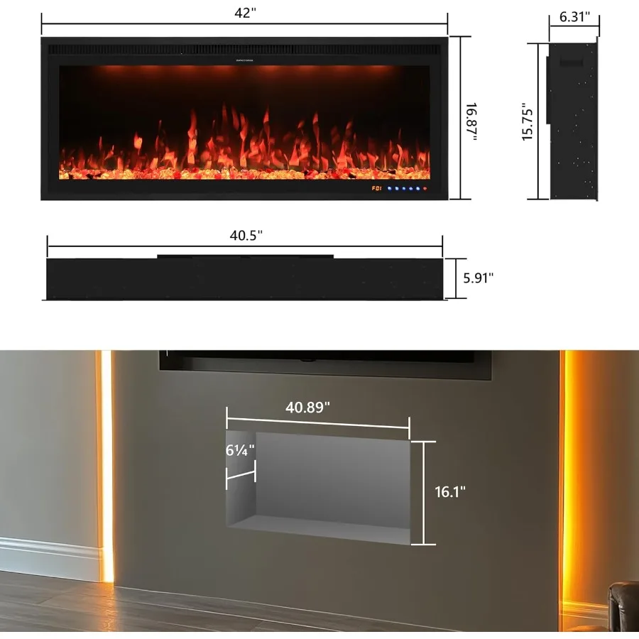 سخان مدفأة كهربائي مقاس 42 بوصة مع جهاز تحكم عن بعد للتطبيق لغرفة المعيشة وغرفة النوم وتصميم مثبت على الحائط وتوقيت 19 ساعة