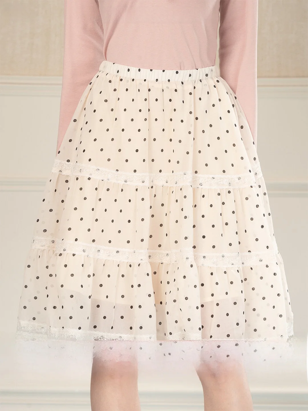 

Новая ретро-юбка миди в горошек с кружевной отделкой для женщин, весна-лето, универсальная, для повседневной носки, с завышенной талией, из полиэстера