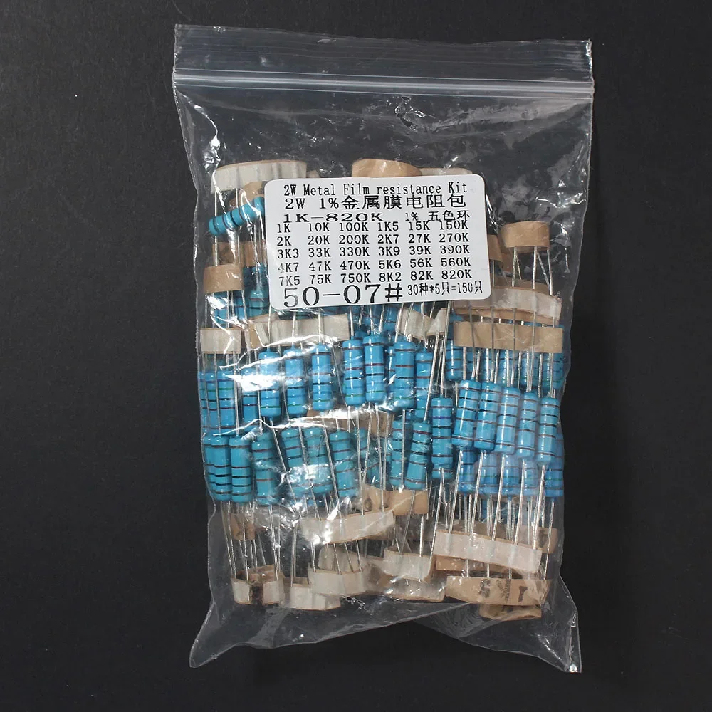 150pcs/set 1% High Precision 2W Metal Film Resistor Kit, 30 Values*5pcs 1K~820K, 0.1R~750R resistencias Electronic Assorted Pack