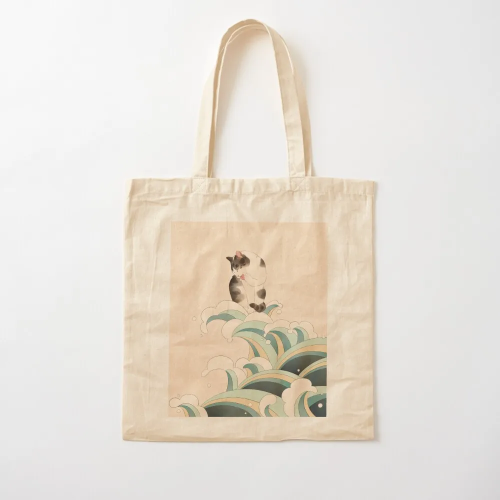 Cat Grooming on Ocean Waves Tote Bag shopping bags foldable shopping cart bags Women's beach bags custom tote bag