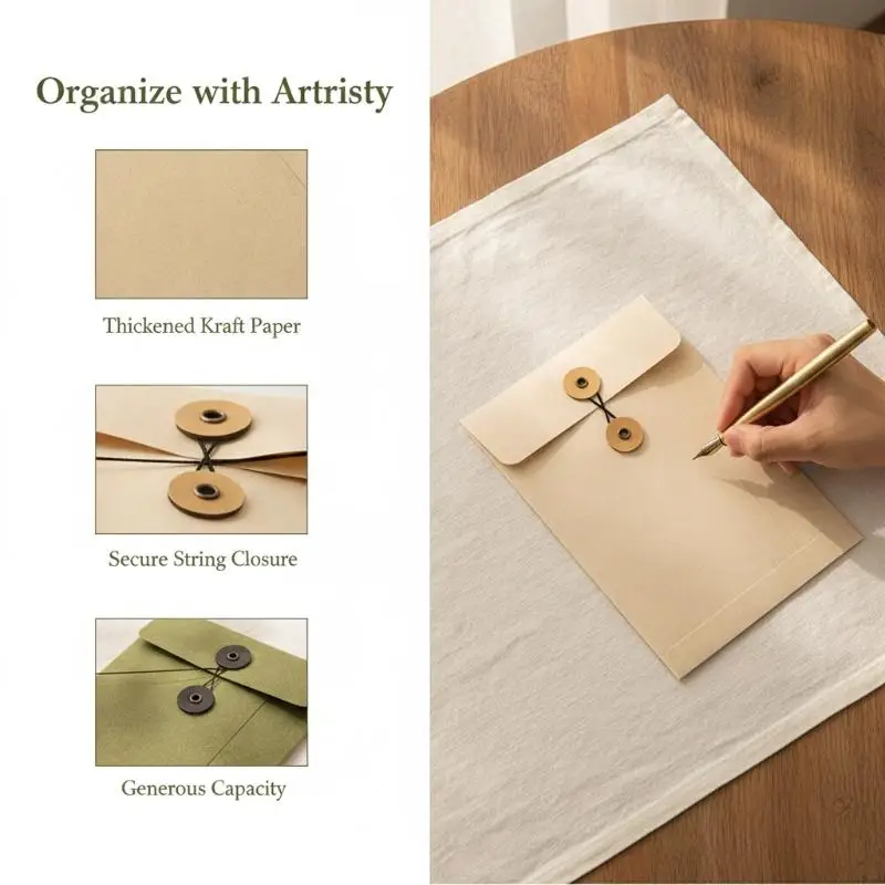 A5 Kraft Paper Envelopes String Tie Clasp Closure High Grade Invitation Archive Storage Pouch Document Letter Stationery Bag