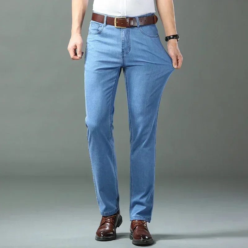 2023 Spring Summer Thin Denim Straight Cotton Stretch Jeans Men Business Casual Cloth High Waist Ice Silk Lightweight Trousers