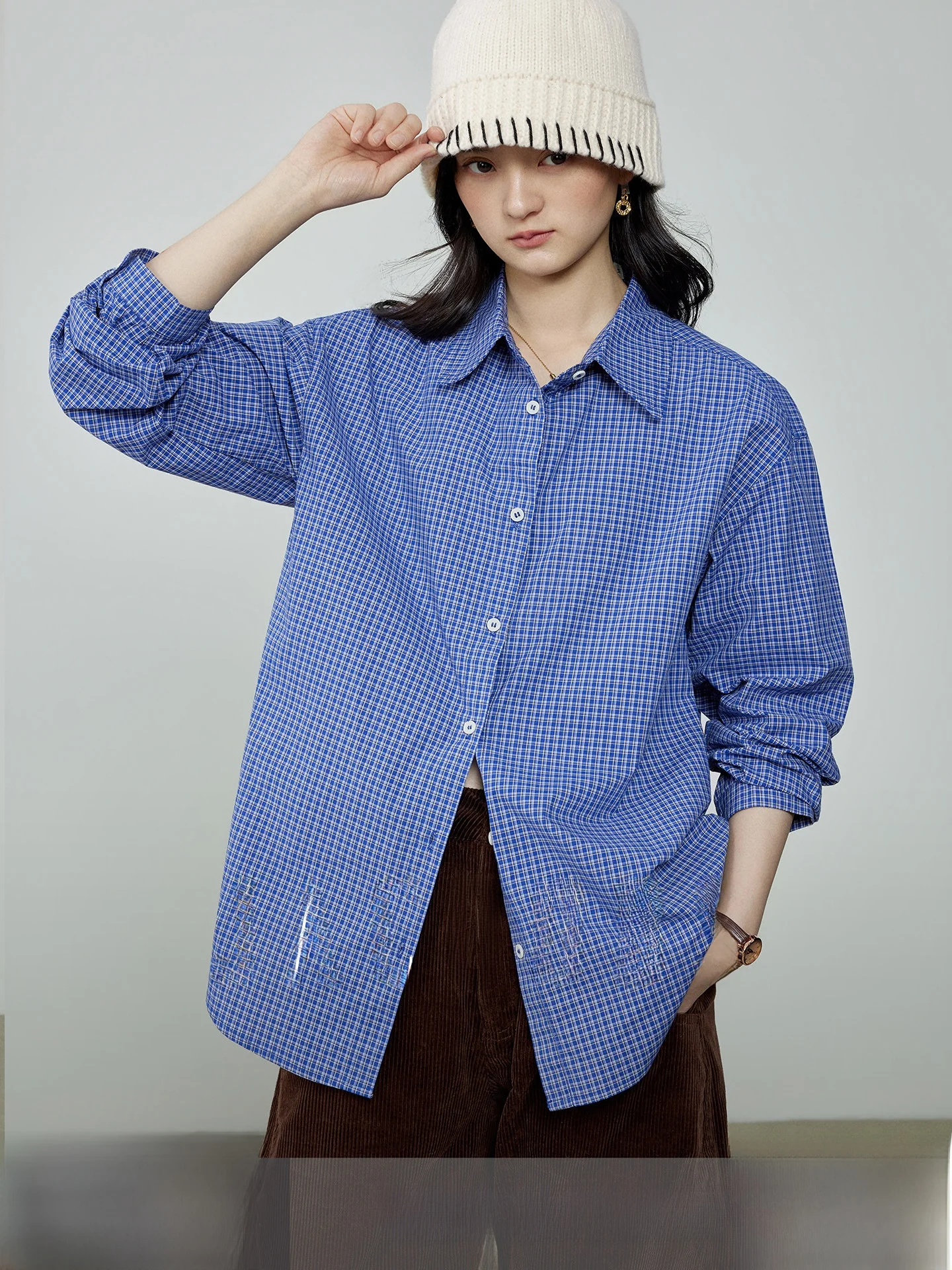 

Классическая винтажная синяя рубашка в клетку с длинным рукавом для женщин, весенняя повседневная рубашка из дышащего хлопка, удобная, свободного кроя, Cleanfit